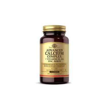 A bottle of Solgar's Advanced Calcium Complex 120 tablets on a white background.